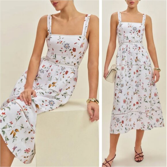 BEST Reformation Everett Linen Midi Dress - Corsini Ivory Floral Wedding Casual - Picture 3 of 14